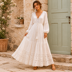 Vestido Maxi Boho de Encaje Blanco para Mujer, Algodón Voile Tejido, Transpirable, Antipilling, Vestido Elegante de Verano - Product Image 1