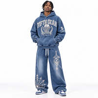 Fabricant OEM de survêtements streetwear vintage 100% coton pour l'hiver, ensemble sweat à capuche et pantalon de jogging oversize avec strass, faible MOQ