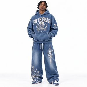 Fabricante OEM de Conjuntos Deportivos Personalizados de Algodón 100% Estilo Vintage para Invierno, Sudadera con Capucha Oversize y Pantalones Jogger con Pedrería, MOQ Bajo - Product Image 2