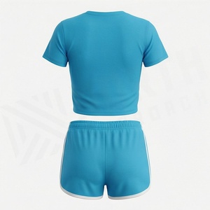Ensemble sportif 2 pièces pour femmes, haut court à manches courtes et short au-dessus du genou, imprimé géométrique, séchage rapide, bleu, tenue d'été - Product Image 2
