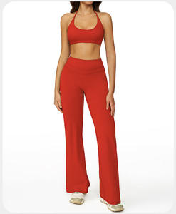 Ensemble de yoga sans couture taille haute col en V, crop top à bretelles ajustables, leggings larges couleur unie, 3 pièces en Spandex/Nylon anti-transpiration - Product Image 5