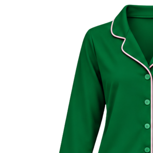 Ensemble de pyjama brodé vert 1908 pour femme avec chemise de nuit boutonnée à bordure contrastante rose et pantalon long confortable assorti - Product Image 2
