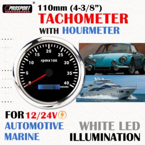 110mm 4-3/8 "Tachymètre Électrique 4000RPM HEURMÈTRE 12/24V Façade Noire Rétroéclairage LED Blanc IP67 Automobile Marine - Product Image 2