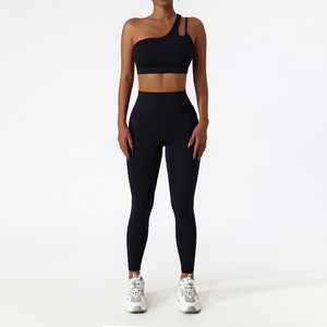 Conjunto de Yoga Asimétrico de Un Hombro, Leggings de Cintura Alta y Largo Completo, Sin Costuras, 2 Piezas, Color Negro Sólido, Spandex y Poliéster, Ropa Deportiva - Product Image 2