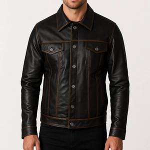 Aaron Men's Black Distressed Vintage Genuine Leather Winter Streetwear Trucker <b>Racer</b> <b>Jacket</b> - Trucker <b>Racer</b> <b>Jacket</b> Vintage - Product Image 1