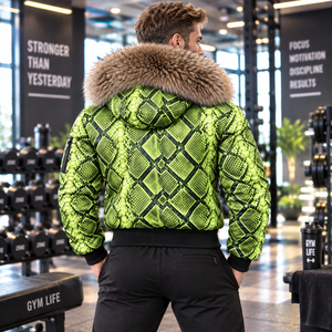 Men's Snake Leather Fashion <b>Jacket</b> with Fox Fur Hood Luxury Street <b>Motorcycle</b> Outerwear | Herren Lederjacke | Chaqueta Hombre - Product Image 5