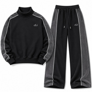 Ensembles de sweats à capuche noirs oversize urbains, personnalisables OEM, avec panneau à passepoil contrastant, sweat-shirt à col montant et joggers coupe ample en molleton épais, faible MOQ - Product Image 4