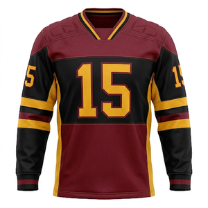 Maillot de hockey sur glace noir et bordeaux avec numéro 15 jaune, col en V, manches longues, évacuation de l'humidité, vêtements pour hommes - Product Image 1
