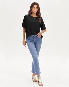 Haut court noir à col en V et manches courtes pour femme, coupe classique, en coton tricoté, couleur unie, respirant, écologique, séchage rapide - Product Image 2