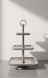 Premium Silver Metal <b>3</b> <b>Tier</b> Square <b>Cake</b> <b>Stand</b> with Ring Handle Pedestal Base Hammered Pastry Cupcake Display Tray - Product Image 4