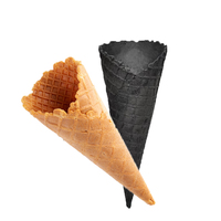 Conos de helado de wafer salado con chocolate y crema vegetal sin lácteos, con polvo de konjac y carbón vegetal negro, tipo Egg Roll, en bolsa, con 6 meses de vida útil.