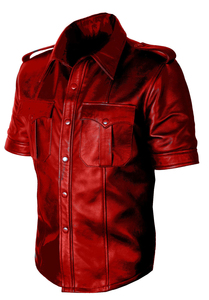 Chemise cargo en cuir pour homme, manches courtes, multi-poches, boutons-pression sur le devant, épaulettes aux épaules, col classique, pour l'extérieur - Product Image 2