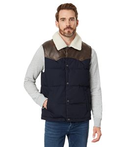 Men's Blue Puffer <b>Vest</b> With <b>Brown</b> Leather Panels And Shearling Collar Button Closure Casual Winter Outerwear - Product Image 3