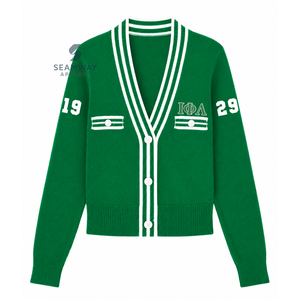 Cardigan en tricot pour femmes Iota Phi Lambda Sorority, col en V, boutons sur le devant, bordure côtelée rayée, broderie, style preppy - Product Image 1