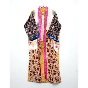 Robe Kimono Florale en Soie Tricotée, Motif Fleur Dorée, Style Lounge Orientale, Jardin au Coucher du Soleil, Rose Vintage, Décontractée d'Été - Product Image 2