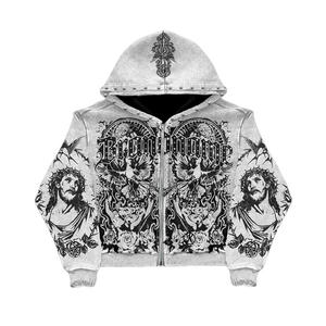 Women's Acid Wash 100% Cotton Hooded Sweatshirt with Adjustable Drawcord and <b>Zip</b>-<b>Up</b> <b>Crop</b> Zipper - Product Image 4