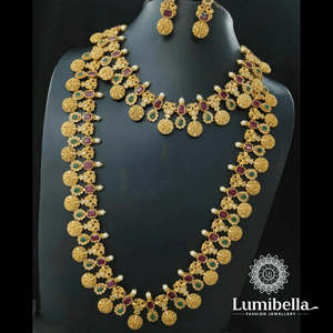 Women's Semi Bridal Wedding Brass Oxidized Polish Gold Plated Zircon Necklace and Earring Set - Product Image 1