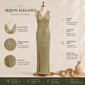Luxury V Neck <b>Sequin</b> Beaded Evening Maxi Dress Elegant Sleeveless Formal Gown Wedding Party Cocktail Prom Long Dress for Women - Product Image 5