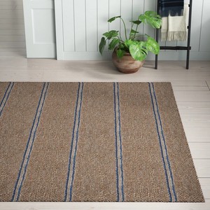 Tapis de salon rectangulaire en jute rayé, tissage plat, écologique, motif marron et bleu, à poils fins - Product Image 5