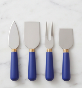 4 Piece Cheese <b>Knife</b> Set With Blue Handles Gold Accents Stainless Steel Cheese <b>Spreader</b> Fork Server Tools - Product Image 1