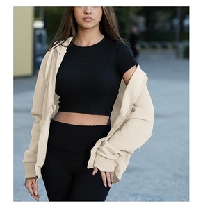 Prix de gros – Sweat à capuche zippé décontracté et confortable pour femme, 100 % coton, manches longues, col rond, épaules tombantes, couleur unie – Meilleur prix - Product Image 4