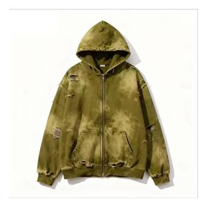 Sudadera con capucha de manga larga para hombre, de fabricante personalizado, con efecto desgastado por el sol, corte regular, con pedrería, diseño con lavado ácido y cremallera, de forro polar - Product Image 4