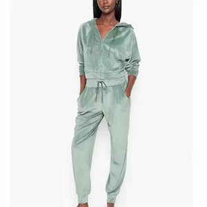 Survêtement à capuche en velours pour femme, manches longues, couleur unie, fermeture éclair personnalisée sur le devant, coupe ample, jogging décontracté avec poches latérales - Product Image 6