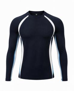 Camiseta de Manga Larga con Cuello Redondo para Hombre, Diseño de Bloques de Color Azul Marino y Blanco, Secado Rápido, Spandex Ecológico y Transpirable - Product Image 1