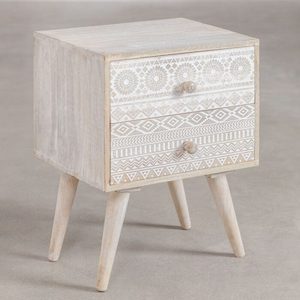 Mesa de Noche de Madera Hecha a Mano Estilo Mid-Century Moderno con 2 Cajones con Patrones y Patas Elevables, Mesa Auxiliar para Dormitorio, Muebles para el Hogar, Rajasthan - Product Image 2