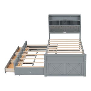 Letto singolo in legno grigio con testiera contenitore e prese, letto estraibile allungabile con tre cassetti, per bambini - Product Image 6