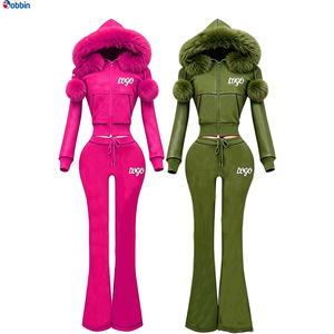 Conjunto de punto gofrado personalizado para mujer, atuendo de manga larga con ribete de piel, conjunto de chándal con chaqueta con cremallera y pantalón acampanado de pierna ancha - Product Image 5