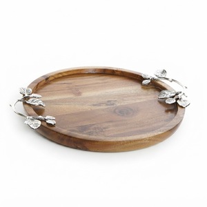 Luxury Wooden Serving Tray With Gold Metal Orchid Branch Handles Wood Decorative Platter For <b>Coffee</b> <b>Table</b> Hotel Restaurant Decor - Product Image 4