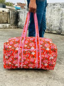 Handmade Floral Print Duffel <b>Bag</b> Blue Pink Cotton Quilted Weekender Travel <b>Bag</b> Large Capacity Zipper Closure - Product Image 3