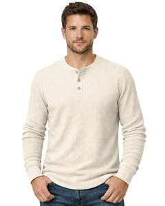 เสื้อยืดแขนยาวทรงเฮนลีย์ผ้าวาฟเฟิลสำหรับผู้ชาย สีงาช้าง สวมใส่สบาย คอติดกระดุม เหมาะสำหรับฤดูหนาว ผ้าฝ้ายทรงเข้ารูป ระบายอากาศได้ดี - Product Image 1