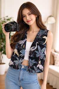 Velvet Floral Print Quilted Winter Vest <b>Coat</b> Sleeveless Statement Outerwear Short Jacket for Women - Product Image 2