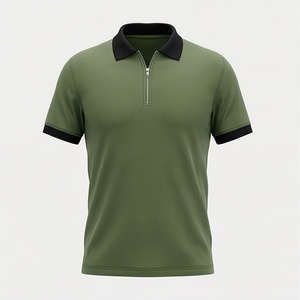 Polo à manches courtes pour homme, vert olive, avec fermeture éclair, tricoté, 100% polyester, design uni décontracté, coupe classique - Product Image 1