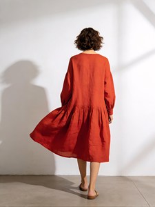 Women Elegant <b>Boho</b> Cotton Linen Maxi <b>Dress</b> <b>Long</b> Sleeve Loose Fit Round Neck Flowy Casual Midi <b>Dress</b> - Product Image 4