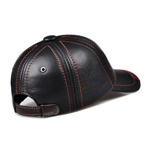 <b>Black</b> Pu Leather <b>Baseball</b> <b>Cap</b> 6-Panel Adjustable Unisex Casual Hat With Red Stitching And Contrast Color Detail - Product Image 5