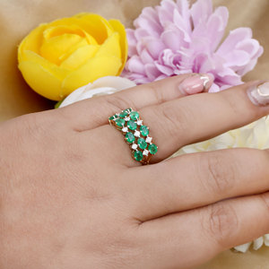 Anillo de Oro Amarillo Sólido de 14K con Esmeralda Verde Ovalada y Racimo de Diamantes, Anillo Ancho de Joyería Fina, Anillos de Piedras Preciosas al por Mayor para Mujeres, Bodas y Fiestas - Product Image 6