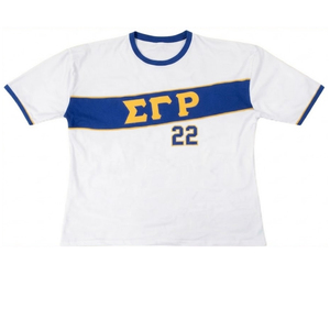 Camiseta Deportiva Premium SGRho Blanca, Azul Rey y Dorado, Manga Corta, Número 22, Diseño Gráfico a Rayas, para Sororidad, Universidad, Equipo Casual - Product Image 1