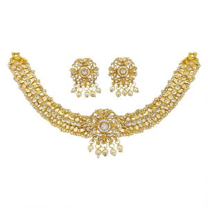 Conjunto de Collar Gargantilla con Cuentas de Piedra Kundan, Circonita y Diamantes, Patrón Geométrico Dorado, de Cobre, para Bodas y Fiestas - 10575500WH - Product Image 2