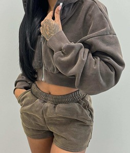 Hot Sale <b>Women's</b> Solid Color Long Sleeve Drawstring Zipper <b>Short</b> Casual Pullover Sweatshirt <b>Women</b> Joggers <b>Women</b> Hoodie <b>Set</b> - Product Image 4