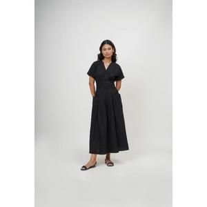 Robe longue trapèze noire élégante et personnalisable de qualité supérieure, col en V, manches courtes, ceinture, poches, taille naturelle, antistatique - Product Image 1