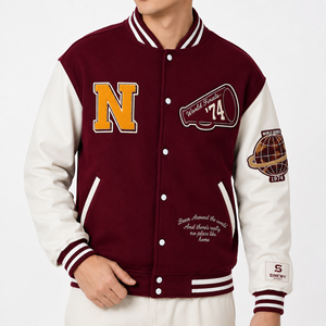 Veste universitaire coupe-vent hiver marron et blanc, broderie N, style preppy, col rabattu, unisexe, en polyester et coton - Product Image 2