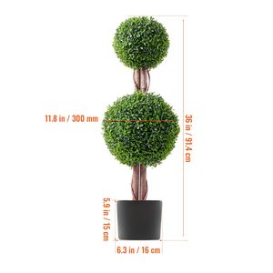 Arbre artificiel en buis de 36 pouces de haut, double boule, plante artificielle avec feuilles supplémentaires, pot, ensemble de 2 pièces - Product Image 2
