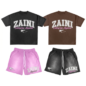 260 GSM Premium Polyester Summer Knitted Solid Oversized <b>Men</b> T Shirt <b>Shorts</b> Set <b>Black</b> Brown Pink Washed Custom Embossed - Product Image 1