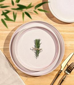 Ensemble d'assiettes à dîner en céramique mouchetée rose pâle, bordure élégante, glaçure lisse, design empilable durable, parfait pour une salle à manger moderne - Product Image 1