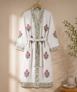 Peignoir midi élégant 100% Coton, imprimé floral au bloc, respirant, brodé, tricoté, décontracté, pour le printemps et l'été, vêtement d'intérieur, taille naturelle - Product Image 1