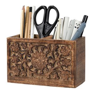 Porte-stylos en bois sculpté à la main, 2 emplacements, en bois de manguier, organiseur de crayons rustique, accessoire de bureau, vente en gros, fabricant sur mesure - Product Image 1