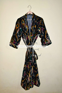 Exquisite Velvet Ikat Kimono Robe Summer Casual Multicolored Ikat Pattern Intricate Hand <b>Loomed</b> <b>Weave</b> Long Sleeve Breathable - Product Image 2